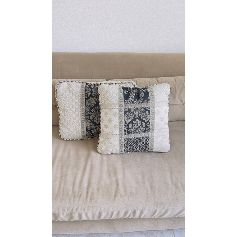 Croscill Home Set of 2 Decorative Throw Pillows Blk Cream Damask Jacquard Trim